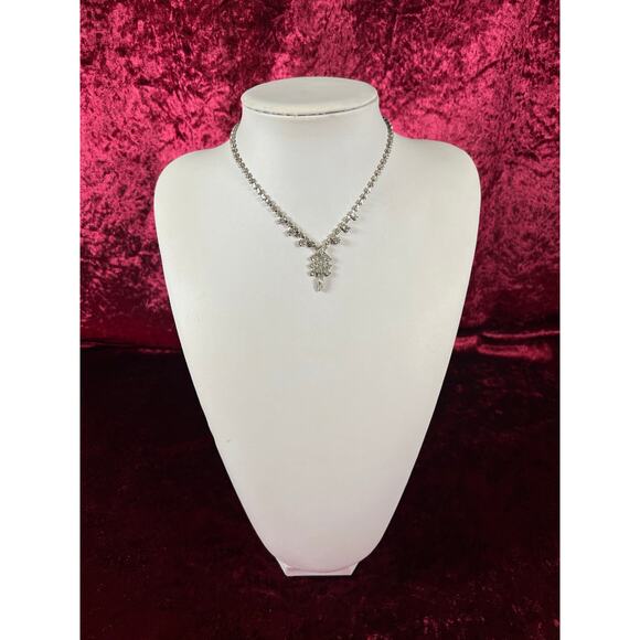 The Cat Vintage Jewelry - Vintage Collar Choker Necklace Silver Tone Metal Drop Pendant Rhinestones 16.5”